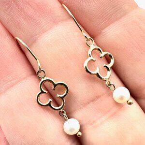 Estate 14K Yellow Gold Womens Earrings Quatrefoil Pearl Chandelier Pierced